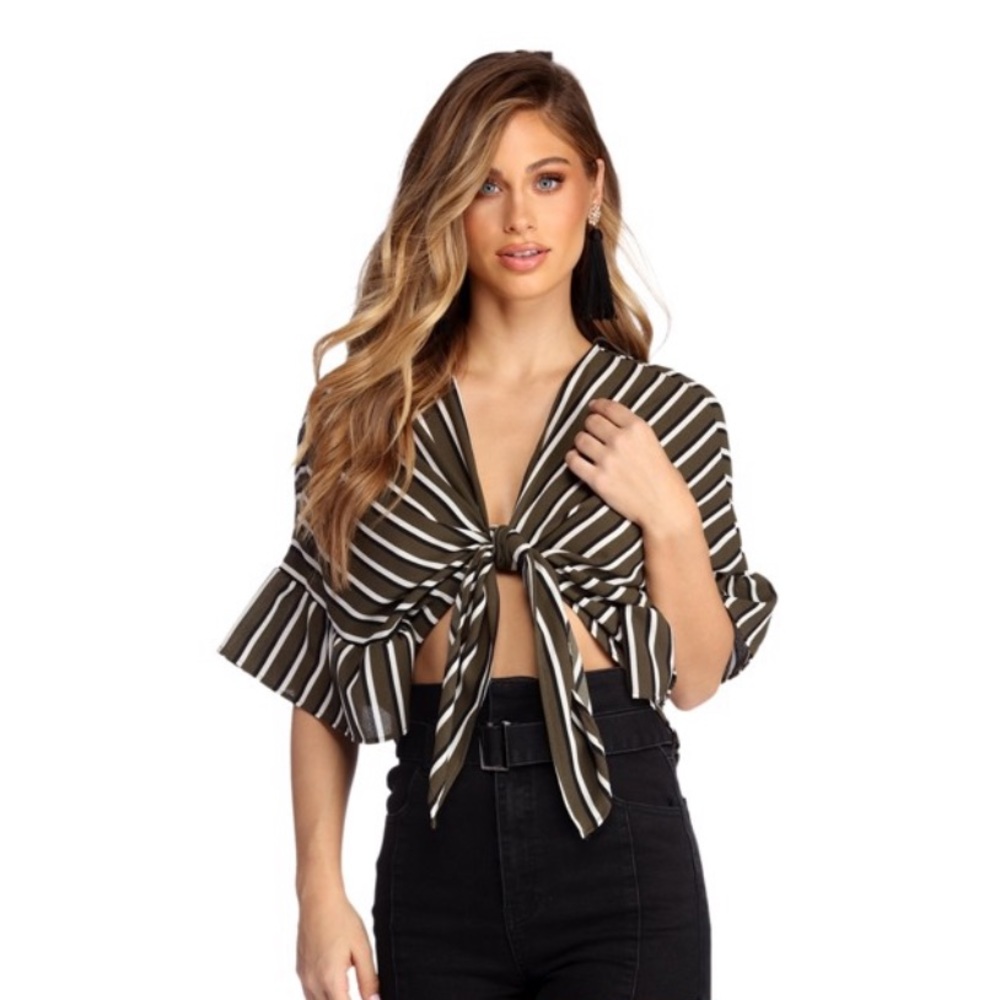 WINDSOR || Striped and Ruffled tie-front top